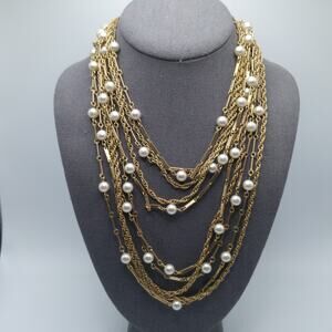 Vintage 1960s Faux Pearl Ten Strand Gold Tone Necklace